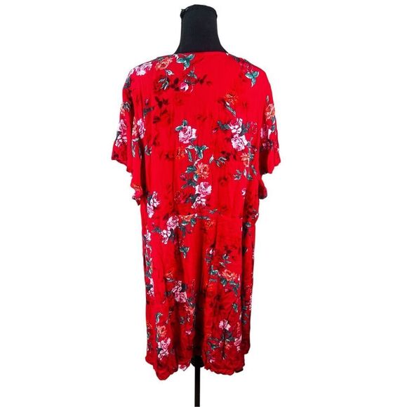 Torrid 5XL Red Floral Flutter Sleeve Lace Up Neck Dress midi sundress career - Picture 2 of 8